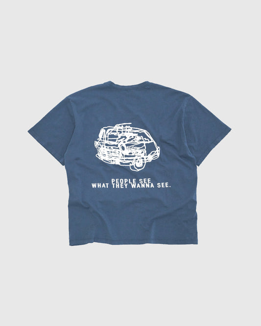 Unisex blue oversized t-shirt by 10:AM Factory, featuring a left hand drawing car design with puff print, crafted from high-quality, soft cotton for a relaxed, streetwear-inspired fit.