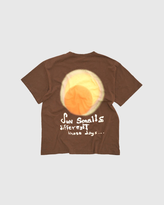 Unisex brown oversized t-shirt by 10:AM Factory, featuring the bold 'Sun Smells Different These Days' graphic print, crafted from high-quality, soft cotton for a relaxed, modern fit.