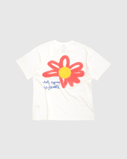 Unisex off-white 'Red Flower' t-shirt by 10:AM Factory, featuring a bold red flower graphic print and 10:AM logo, crafted from high-quality, soft cotton for a comfortable, stylish fit.
