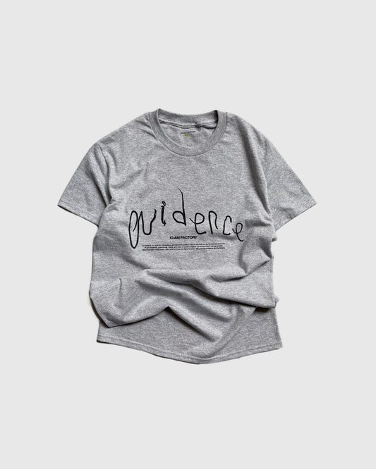 Unisex lightweight grey 'Evidence' t-shirt by 10:AM Factory, featuring a minimalist graphic design and bold 10:AM logo, crafted from high-quality, soft cotton for a clean, modern look.
