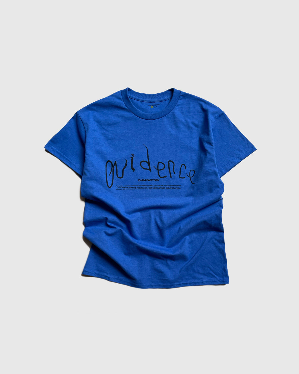 Unisex lightweight midnight blue 'Evidence' t-shirt by 10:AM Factory, featuring a minimalist graphic design and bold 10:AM logo, crafted from high-quality, soft cotton for a clean, modern look.