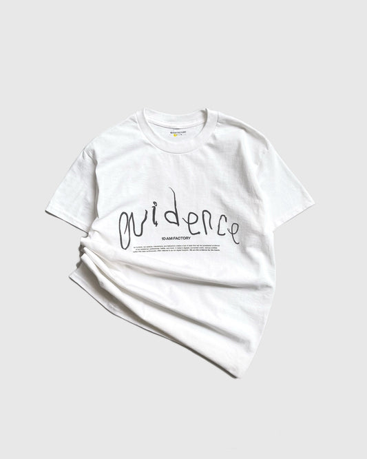 Unisex white 'Evidence' t-shirt by 10:AM Factory, featuring a minimalist graphic design and bold 10:AM logo, crafted from high-quality, soft cotton for a clean, modern look.