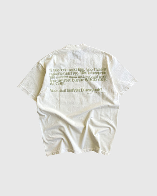 Unisex beige 'Strange Mind' heavyweight t-shirt by 10:AM Factory, featuring a bold graphic print with 10:AM logo, crafted from high-quality, pigment-dyed cotton for a vintage look.