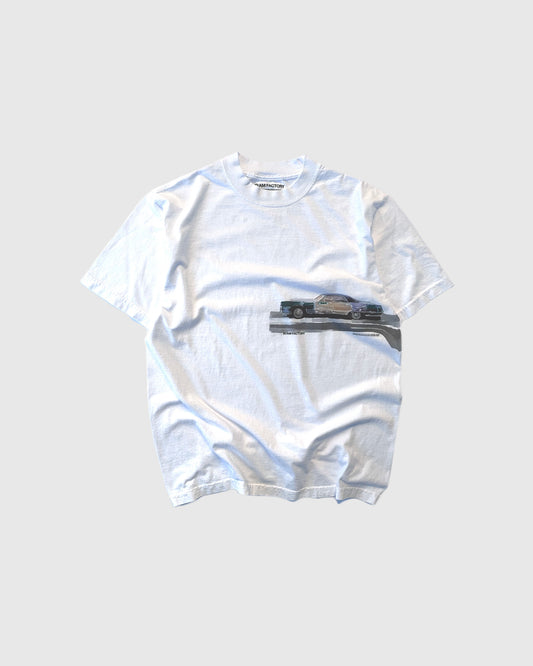 Unisex white 'Unrelated' heavyweight t-shirt by 10:AM Factory, featuring a bold graphic print of Secil Alkis' car painting, crafted from high-quality, pigment-dyed cotton for a timeless look.