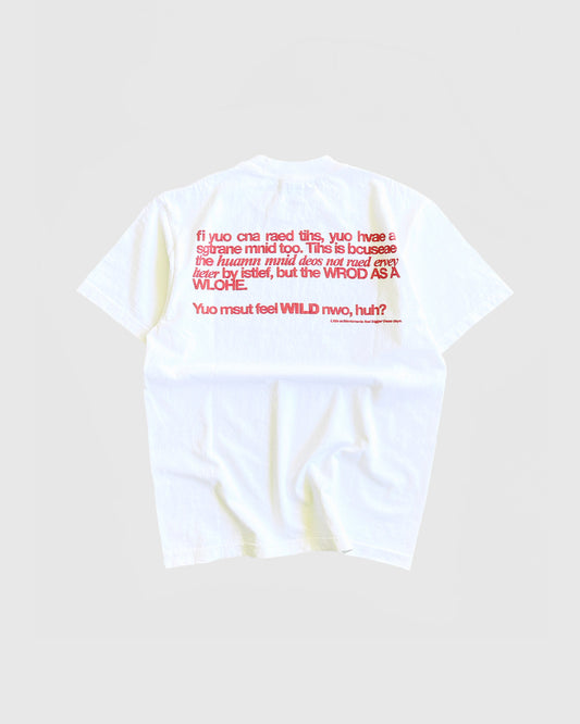 Unisex white 'Strange Mind' heavyweight t-shirt by 10:AM Factory, featuring a bold red puff graphic print with 10:AM logo, crafted from high-quality, pigment-dyed cotton for a modern, vintage look