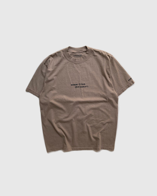 Unisex light brown 'What Would Hamlet Do?' Shroom heavy t-shirt by 10:AM Factory, featuring bold puff graphic print and 10:AM logo, crafted from 100% pigment-dyed cotton for a vintage look.
