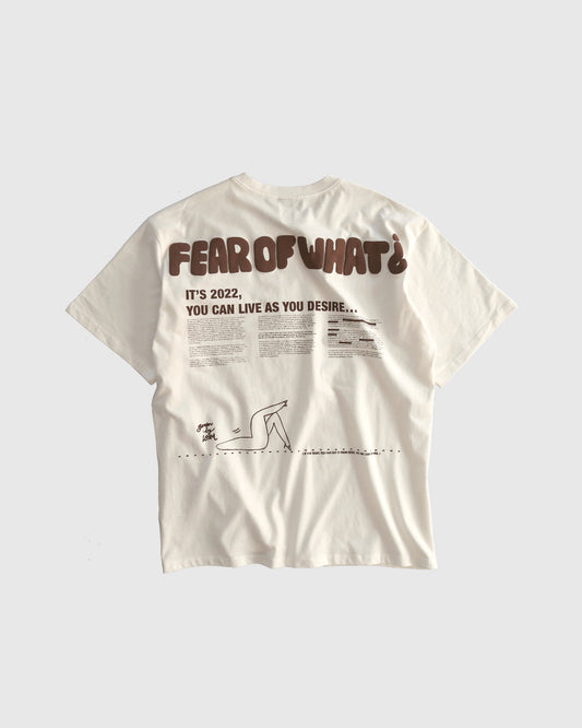 Unisex off-white 'Fear of What' oversized t-shirt by 10:AM Factory, featuring bold graphic print and 10:AM logo, crafted from high-quality, soft cotton for a modern, comfortable fit.