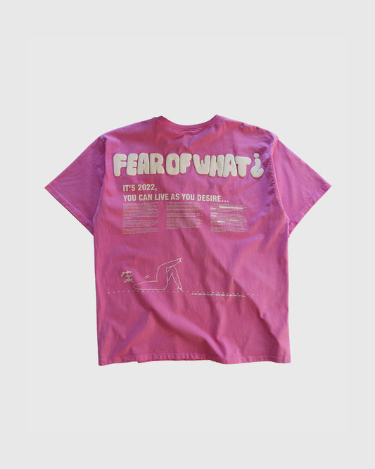 Unisex pink 'Fear of What' oversized t-shirt by 10:AM Factory, featuring bold graphic print and 10:AM logo, crafted from high-quality, soft cotton for a relaxed, modern fit.