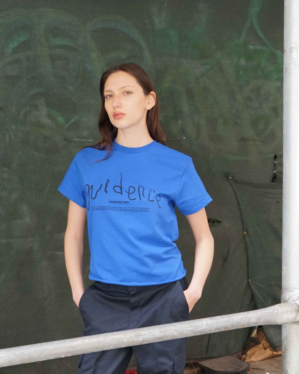 Unisex lightweight midnight blue 'Evidence' t-shirt by 10:AM Factory, featuring a minimalist graphic design and bold 10:AM logo, crafted from high-quality, soft cotton for a clean, modern look.