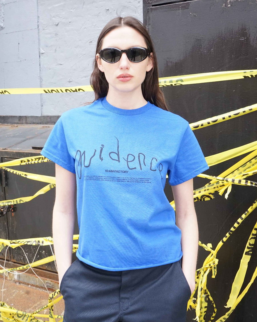 Unisex lightweight midnight blue 'Evidence' t-shirt by 10:AM Factory, featuring a minimalist graphic design and bold 10:AM logo, crafted from high-quality, soft cotton for a clean, modern look.